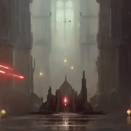 Image similar to star wars concept art by greg rutkowski, a palatial metropolis, elegant, neo - gothic architecture, dark, reddish cinematic lighting, haunting atmosphere, artstation hq.