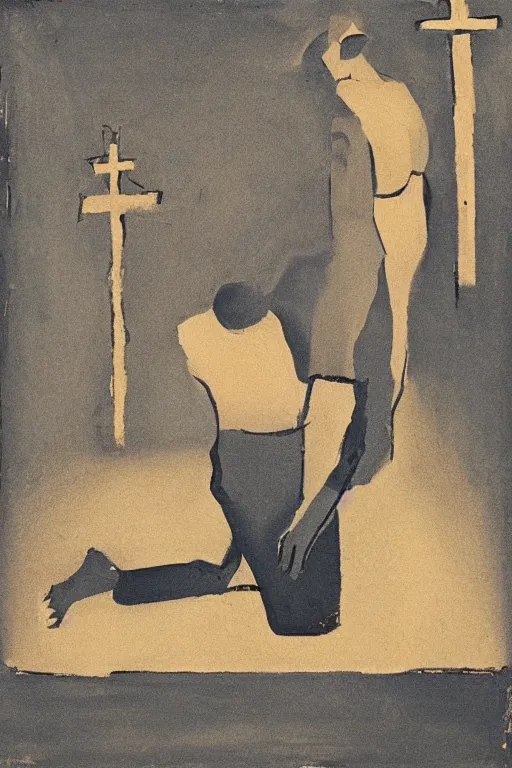 Image similar to man kneeling on the ground in front of a wooden cross, 1960’s minimalist advertising illustration, painterly, expressive brush strokes