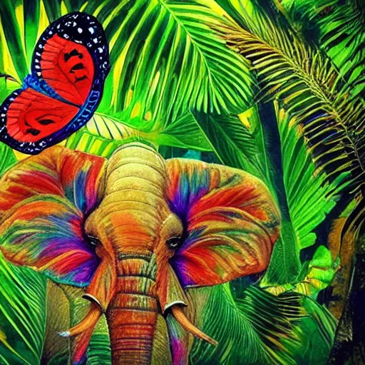 Prompt: butterfly elephant hybrid, 🦋, 🐘, lush tropical jungle, bold natural colors, national geographic photography, masterpiece, full shot