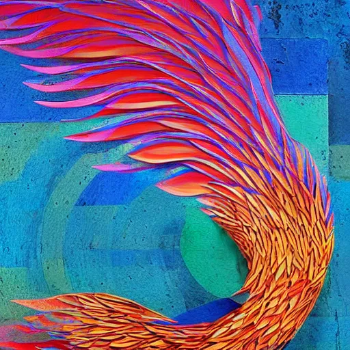 Prompt: A beautiful mixed media art of a large, colorful bird with a long, sweeping tail. The bird is surrounded by swirling lines and geometric shapes in a variety of colors by Klaus Wittmann, by Andy Goldsworthy kaleidoscopic