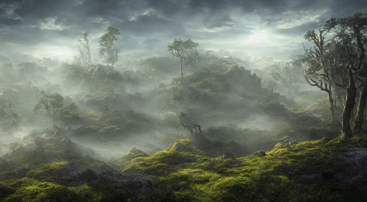 Image similar to photorealistic matte painting misty moors overgrowth undergrowth jagged rock features volumetric fog light rays high contrast dawn mr burns