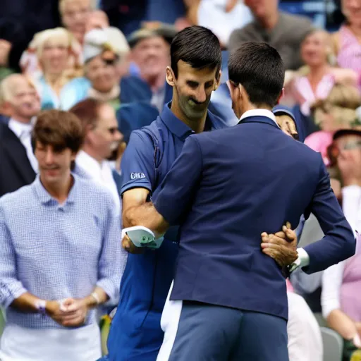 Prompt: a dapper victorian novak djokovic hugging a linesman