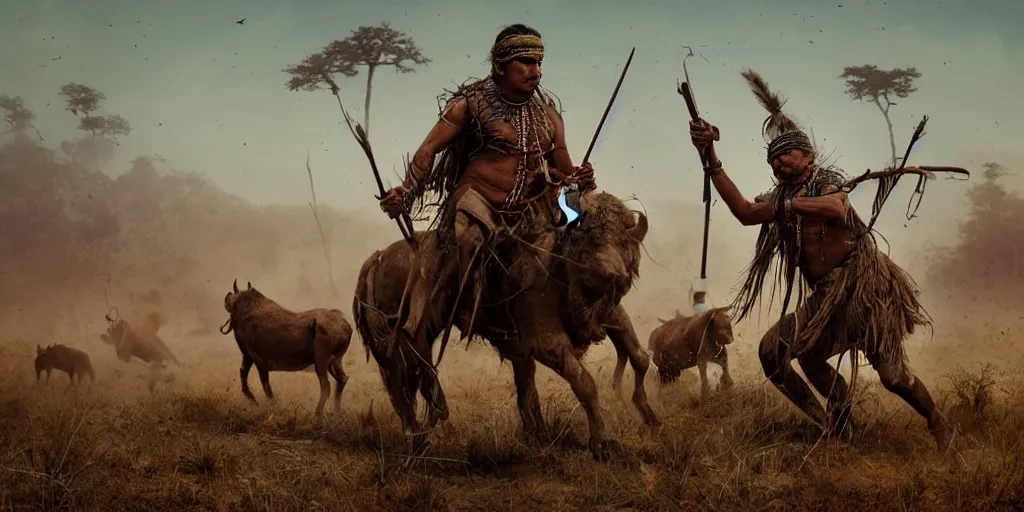 Prompt: photorealistic high speed photo ancient indian tribesman hunting on atv, wooden wheels, hunting buffalo herd ,attacking, chase, action scene, an epic fantasy, dramatic lighting, cinematic, establishing shot, extremely high detail, photorealistic, cinematic lighting, artstation, octane render, by simon stalenhag, horizon forbidden west,old photo, high speed photography, vintage, extreme sports