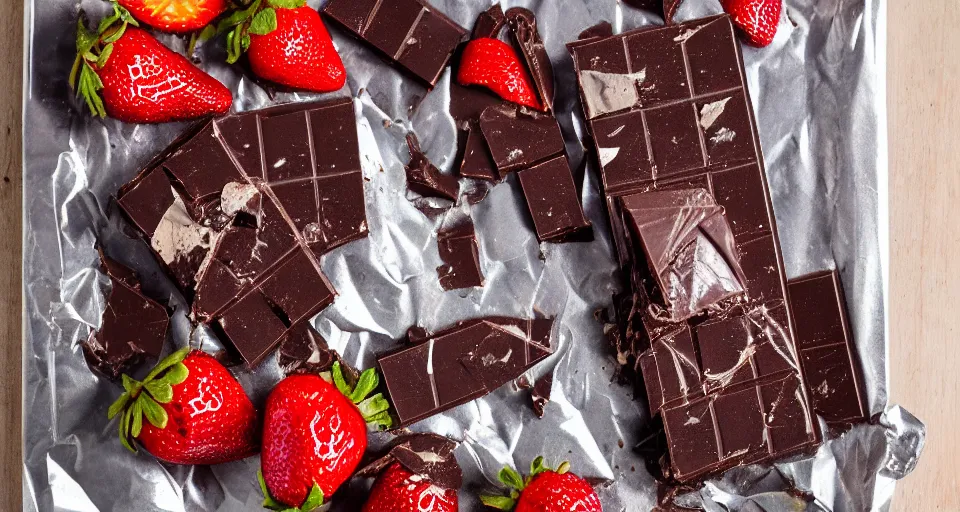 Image similar to A gourmet dark chocolate bar with a piece broken off, on an opened silver wrapper, next to sliced strawberries, on a wooden tray, macro lens product photo