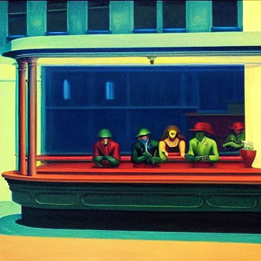 Image similar to “ nighthawks by edward hopper, but with aliens in the cafe.