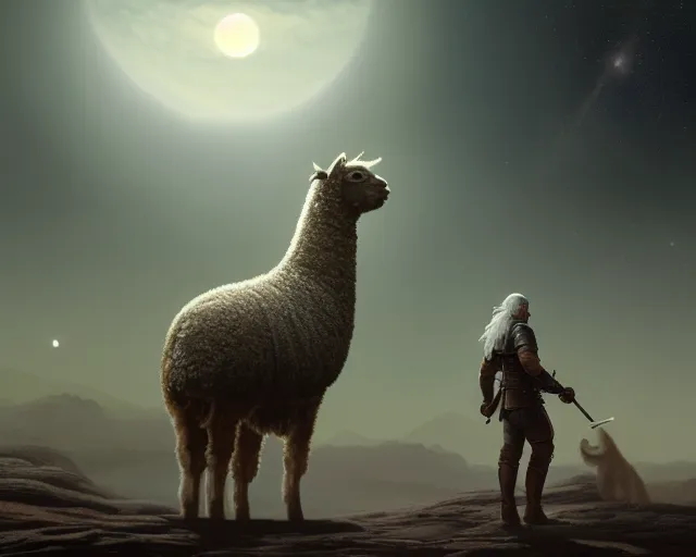 Image similar to 5 5 mm portrait photo of geralt riding an alpaca on the surface of io. jupiter is visible in the background. gritty fantasy atmosphere. art by greg rutkowski. highly detailed 8 k. intricate. lifelike. soft light. nikon d 8 5 0.