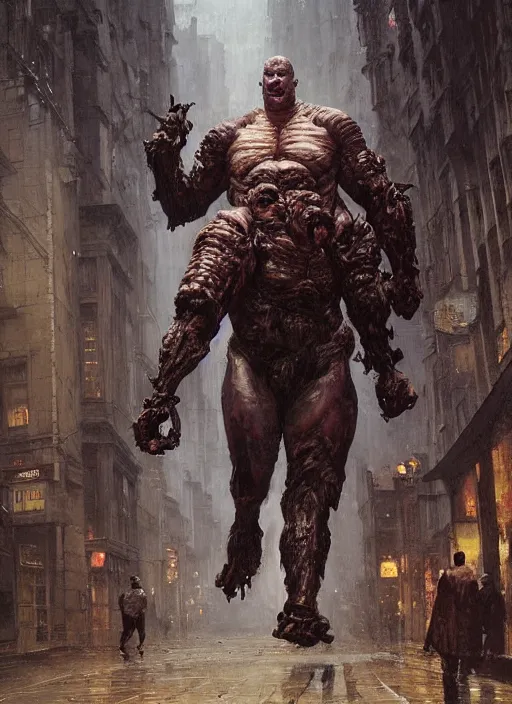 Prompt: full body portrait of martyn ford as huge towering bipedal horror demon with bulbous torso wearing armour walks down city street, people flee, painted by ruan jia, raymond swanland, lawrence alma tadema, zdzislaw beksinski, norman rockwell, jack kirby, tom lovell, alex malveda, greg staples