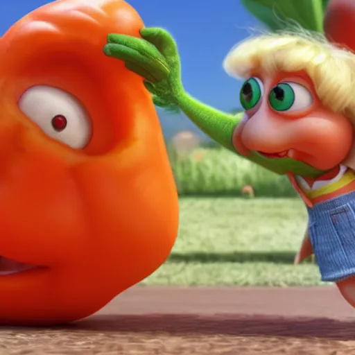 Image similar to a carrot shaking hand with a tomato, digital art, pixar, disney, movie, artstation, 4 k, by pixar
