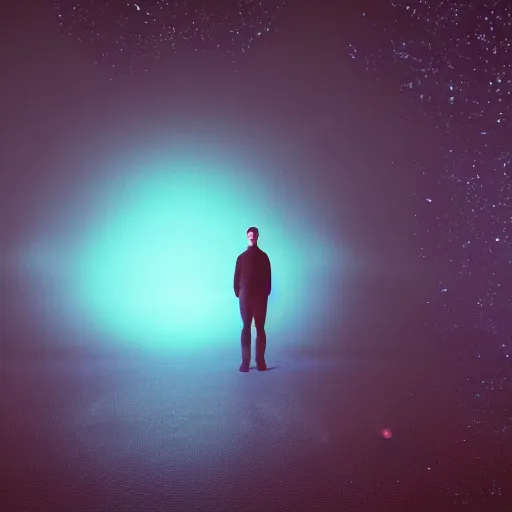 Prompt: a man standing in front of a black background, a hologram by jang seung - eop, behance contest winner, space art, low poly, cosmic horror, 2 d game art