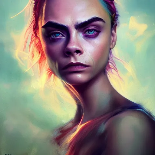 Image similar to cara delevingne, full body portrait colorful oil painting by android jones, john jean, yuumei, yanjun cheng, unreal 5, daz, hyperrealistic, octane render, rpg portrait, dynamic lighting, fantasy art, beautiful face