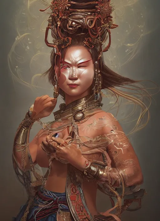 Image similar to a beautiful detailed oil on copper art illustration of a waka onna mask shogun woman, centered, by charlie bowater, zeng fanzh, trending on artstation, dim dusk lighting, cinematic lighting, detailed lighting, volumetric lighting, realistic, f 8, 4 k hd wallpaper