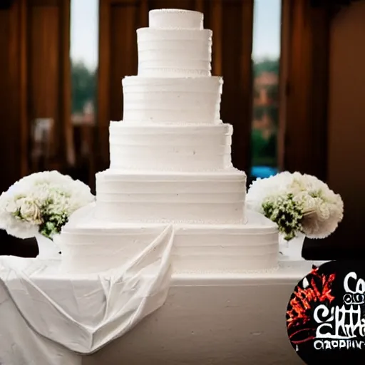 Prompt: an hd go - pro style photo of a wedding cake leaking out of a big white cake box