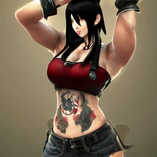 Image similar to high quality screenshot of tifa lockhart with tattoos, smiling, trending on artstation