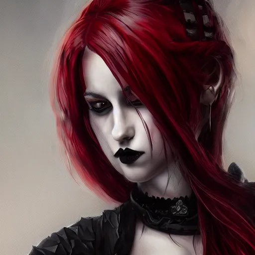 Image similar to a woman wearing a gothic outfit, red hair, highly detailed, digital painting, artstation, concept art, smooth, sharp focus, illustration