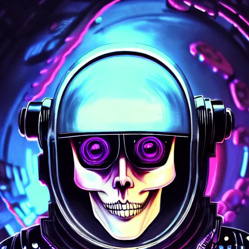 Image similar to A close up portrait of the most wanted cyberpunk space pirate warping time and space, parsec record, wearing menacing skull space helmet, trading illegal goods, magic mushrooms, psilocybin, LSD, dark force full face space helmet, space pressurized suit, futuristic, ghost in the shell, detailed, intricate, elegant, highly detailed, digital painting, artstation, concept art, smooth, sharp focus, akira style illustration, art by Krenz Cushart and Artem Demura and Alphonse Mucha