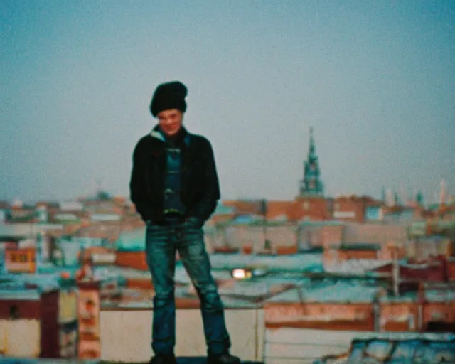 Image similar to lomo photo of man standing on the roof of soviet hrushevka, small town, cinestill, bokeh, out of focus