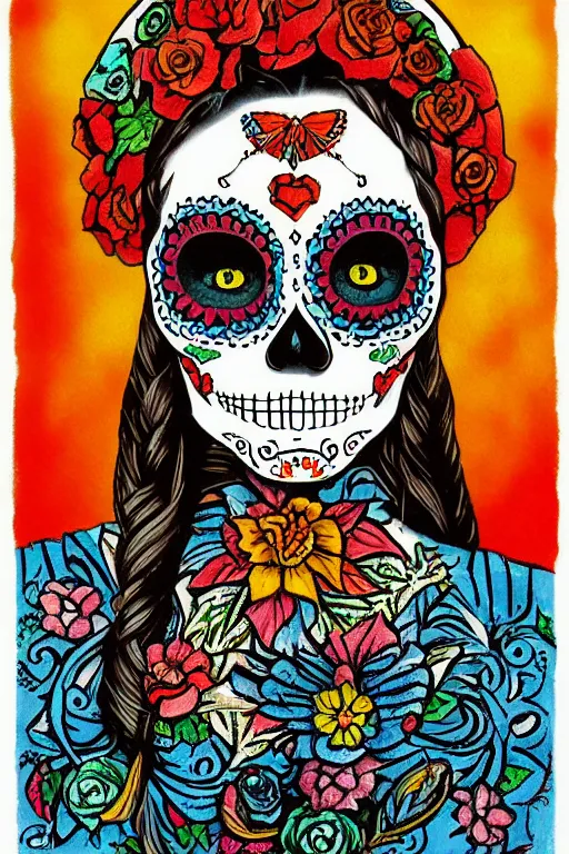 Image similar to illustration of a sugar skull day of the dead girl, art by earl moran