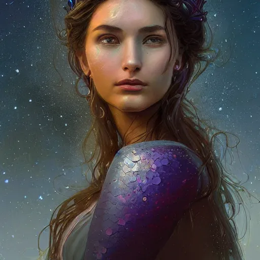 Image similar to epic portrait goddess of space, beauty, pretty face, glossy skin, dark, stars, glowing, digital painting, artstation, concept art, soft light, hdri, smooth, sharp focus, illustration, fantasy, intricate, elegant, highly detailed, D&D, matte painting, in the style of Greg Rutkowski and Alphonse Mucha and artemisia, 8k, highly detailed, jurgens, rutkowski, bouguereau, pastoral, rustic, georgic