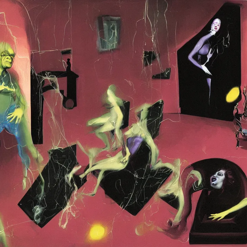 Image similar to Man and woman start to bounce in a living room of a house, floating dark energy surrounds the middle of the room. There is one living room plant to the side of the room, surrounded by a background of dark cyber mystic alchemical transmutation heavenless realm, cover artwork by francis bacon and Jenny seville, midnight hour, part by adrian ghenie, part by jeffrey smith, part by josan gonzales, part by norman rockwell, part by phil hale, part by kim dorland, artstation, highly detailed