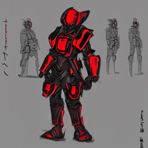 Image similar to concept art of a black and red armored soldier inspired by jin roh anime