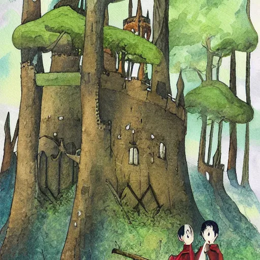 Image similar to laputa castle in the sky robot hayao miyazaki stands in a small clearing among trees, watercolor illustration for a book