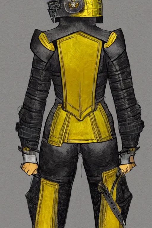 Prompt: female adventurer in tight full - body canary yellow gambeson leather armor of italian design with diamond pattern and black accents and a closed armet helmet, trending in artstation, establishing shot