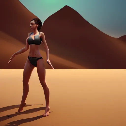 Prompt: highly detailedf figurine, beautiful young woman, slim waist, big bumm, heavy chest, with a light saber, martial art pose, octane render, bikini, volumetric lights, dramatic, highly detailed, messy, hair, in the desert