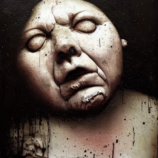 Image similar to portrait of the face of big old sumoringer as despair from sandman, venus of willendorf, by jeremy mann, by gregory crewdson, by bastien lecouffe deharme, by russ mills, sad face, topknot, black hair, mourning, black eyes, white room, soft lightning, high detailed, 8 k