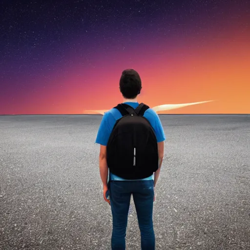 Image similar to a man wearing a backpack looking at the universe