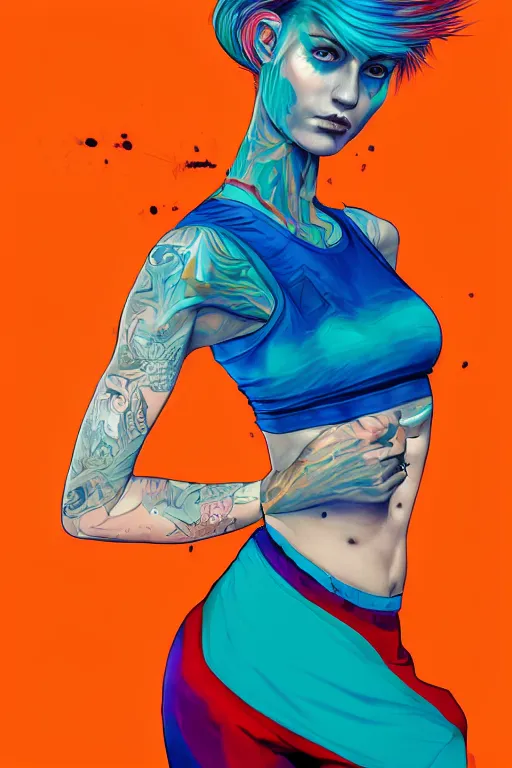 Image similar to a award winning half body portrait of a beautiful caucasian woman in a croptop and cargo pants with ombre orange blue teal hairstyle with head in motion and hair flying by martine johanna, outrun, vaporware, digital art, trending on artstation, highly detailed, fine detail, intricate