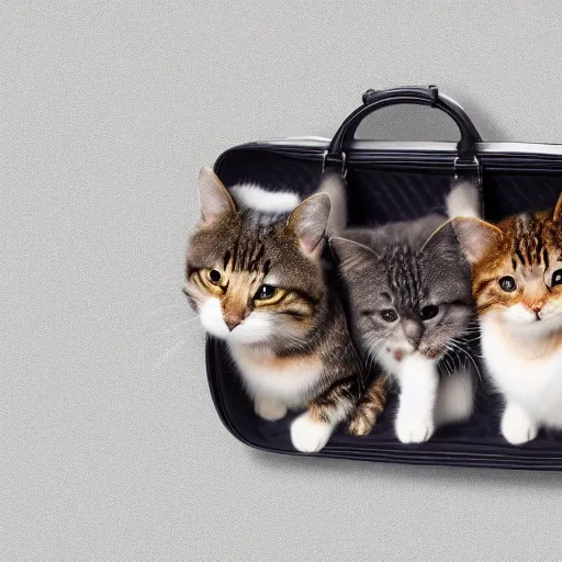 Image similar to a highly detailed photo of multiple furry cats, they are inside a big louis vuitton bag's, gray background, studio lighting, 4 k, 8 k