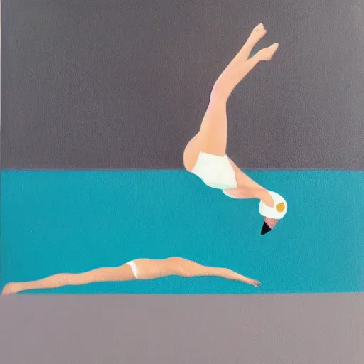 Prompt: acrylic painting on wood of a woman wearing a swimming cap diving from a high diving board into a pool. the pool is out of frame. teal, white, black and grayscale. simple. flat. vintage, mid - century modern