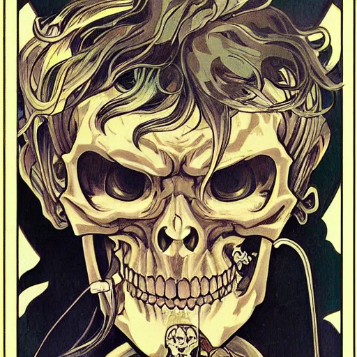 Image similar to anime manga skull portrait apes monkey skeleton illustration detailed style by Alphonse Mucha Moebius pop art nouveau