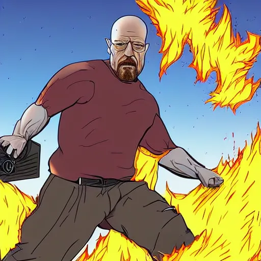 Image similar to buff Walter White walking out of an explosion, accurate anatomy, accurate hands, highly detailed, digital art,