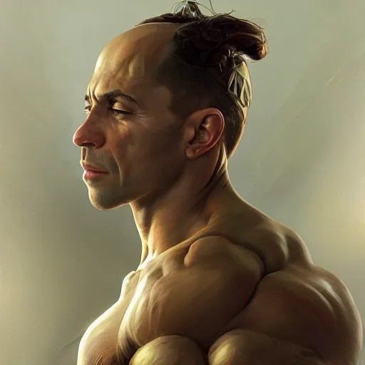 Image similar to muscular Joe Rogan , fantasy, intricate, elegant, highly detailed, digital painting, artstation, concept art, smooth, sharp focus, illustration, art by artgerm and greg rutkowski and alphonse mucha