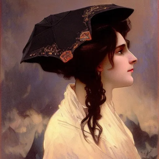 Image similar to oil painting of grumpy dark haired women, cameraflash portrait by alphonse mucha, ivan aivazovsky, greg rutkovski, wearing black coat, black makeup, ice mage, shooting ice, fantasy artwork, fantastic artwork, 4 k, trending on artstation