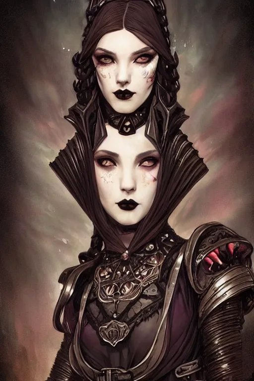 Image similar to beautiful and gothic and victorian and evil and dieselpunk medieval female armor portrait like lisa blackpink+smoky eyes+front face with light flowing hair, ultradetail face, ruined ancient Agora of Athens, art and illustration by tian zi and craig mullins and WLOP and alphonse mucha, ssci-fi, fantasy, neon lights reflect, intricate complexity, human structure, fantasy character concept, watermark, blurry, hyperrealism 8k