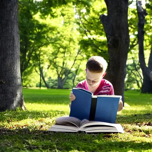 Image similar to a young boy reading a book about nuclear power sat in a public park, a sense of awe, warm dappled light, trees, over the shoulder shot, in the style of norman rockwell