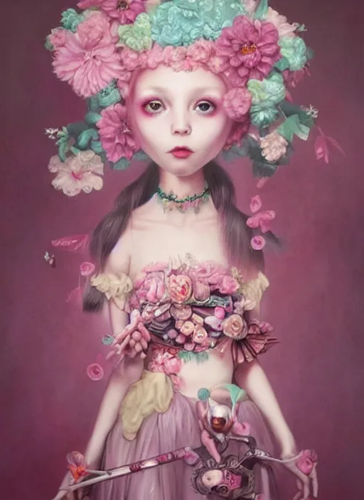 Image similar to pop surrealism, lowbrow art, realistic cute alice girl painting, pink bdy harness with flowers, japanese street fashion, hyper realism, muted colours, rococo, natalie shau, loreta lux, tom bagshaw, mark ryden, trevor brown style,