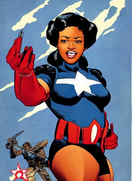 Image similar to beautiful black female captain america. afro - feminist captain america wins wwii. american wwii propaganda poster by james gurney, rob liefeld and pixar. gorgeous face. overwatch, realistic. black power