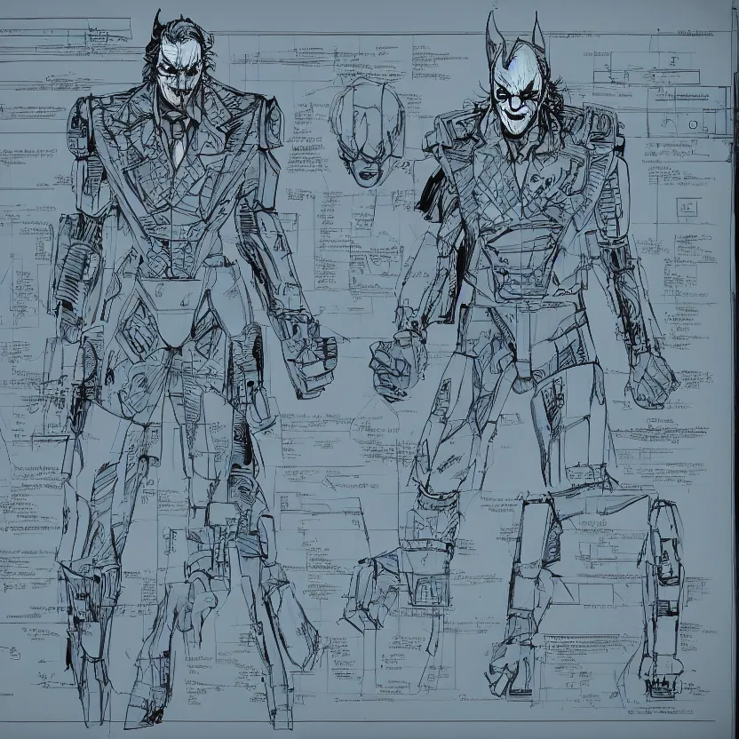 Image similar to blueprints for a robotic joker from the dark knight