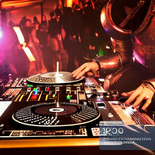 Image similar to photograph of a dubstep dj in holy templar knight armor djing during a medieval party, 8 k resolution, high detail
