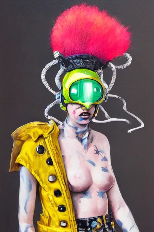 Prompt: a character wearing a diy! costume, punk, with fluo colored details and a transparent helmet, muted colors, vivienne westwood, nausicaa, hyper real painting