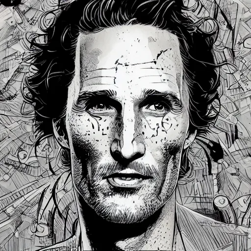 Image similar to a study of cell shaded portrait of matthew mcconaughey concept art, llustration, post grunge, concept art by josan gonzales and wlop, by james jean, Victo ngai, David Rubín, Mike Mignola, Laurie Greasley, highly detailed, sharp focus, alien, Trending on Artstation, HQ, deviantart, art by artgem