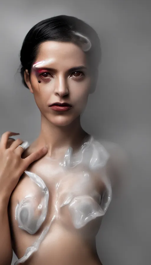 Image similar to FujiFilm X-T3 + XF50-140mm f/1.4 photograph of Arca (Alejandra Ghersi) emerging from fog, Arca mechanical limbs, Arca opal flesh, Arca face portrait, translucent skin, mechanical dilation