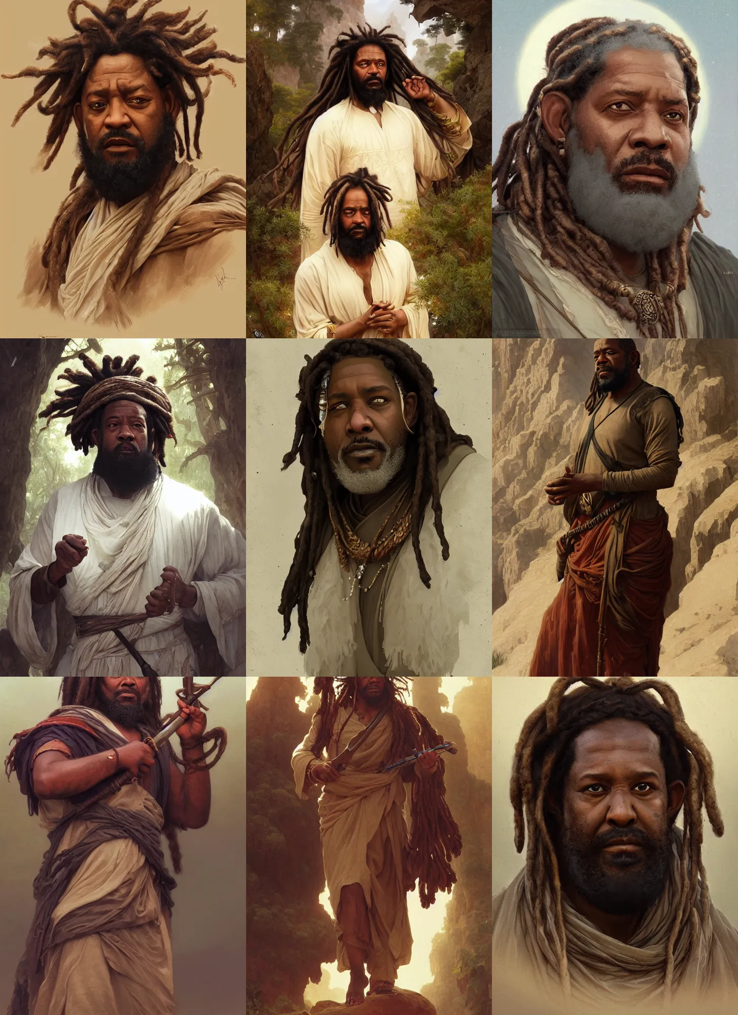 Prompt: forest whitaker ancient libyan, curled beard and dreadlocks, trecking, mountain, intricate, elegant, highly detailed, artstation, sharp focus, illustration, orientalism, bouguereau, mandy jurgens, rutkowski, mucha