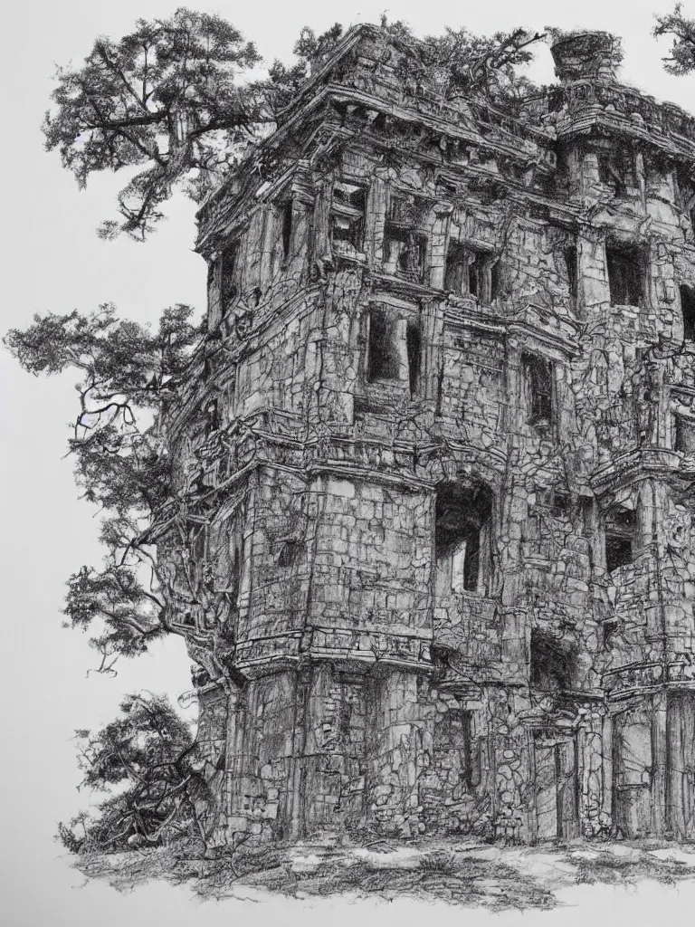 Prompt: A pen drawing of a dilapidated ancient castle building in the wood, by Ler Huang, high detailed