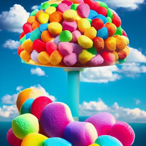 Prompt: !dream A world made entirely of candy, where the sky is a deep blue and the sun is a giant marshmallow. The ground is soft and bouncy like cotton candy, and every creature is some kind of dessert. Multi-compositional image with food photography.