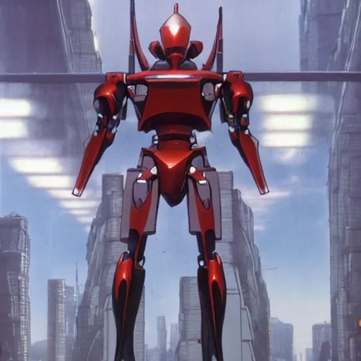 Prompt: cgi anime screenshot of a sleek, slender, human - scale mecha suit defending the city streets, designed by hideaki anno, drawn by tsutomu nihei, and painted by zdzislaw beksinski