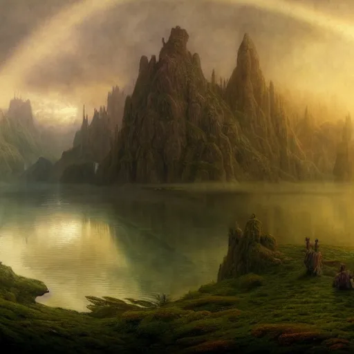 Prompt: a beautiful and highly detailed matte painting of the lost land by a beautiful lake, thick mist, sunlight, celtic, psychedelic, epic scale, insanely complex, hyperdetailed, sharp focus, hyperrealism, artstation, cgsociety, 8 k, bright colors, by caspar friedrich, albert bierstadt, james gurney, brian froud,